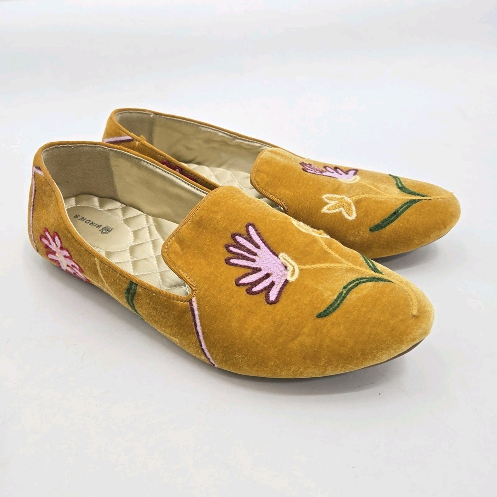 Birdies The Starling Shoes Size 10 Ocher Yellow Embroidered Velvet Flowers Flats - Picture 3 of 12